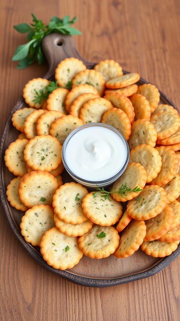 Homemade cheese and herb crackers on a rustic platter with a dip and herbs.
